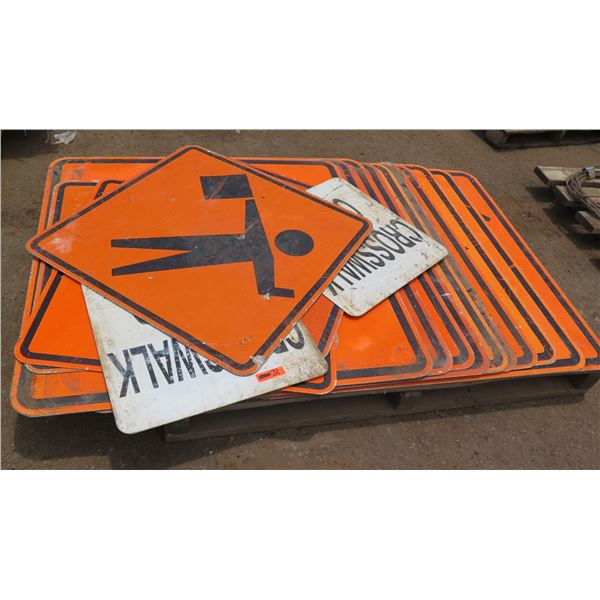 Multiple Street Signs: Crosswalk Closed, Road Work Ahead, Narrow Road, etc