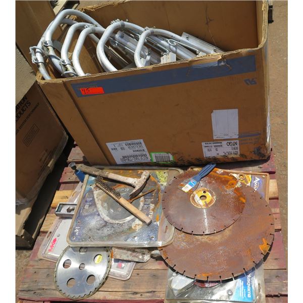 Box Railings w/ Base & Misc Tools: Levels, Saw Blades, Hammer, Brush, etc