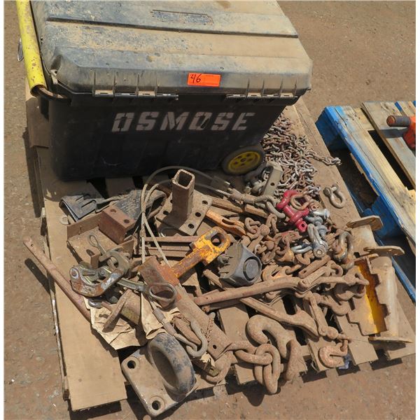 Pallet Large Plastic Bin & Misc Hardware & Rigging: Hooks, Shackles, Bases, Chain, etc