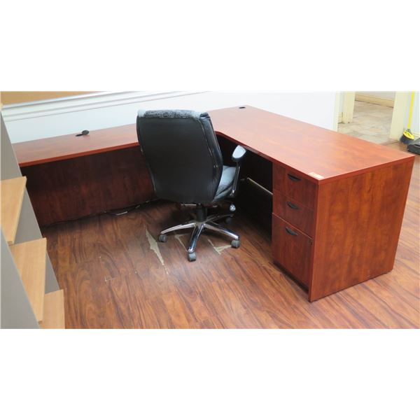 Wooden "L" Shaped Desk w/ 3 Drawers & Rolling Chair 84"x72" x 29"H