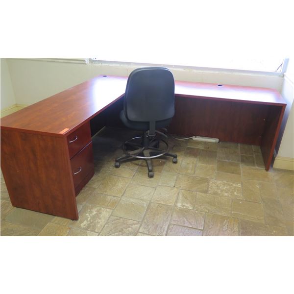 Wooden "L" Shaped Desk w/ 2 Drawers & Rolling Chair 72"x84" x 29"H