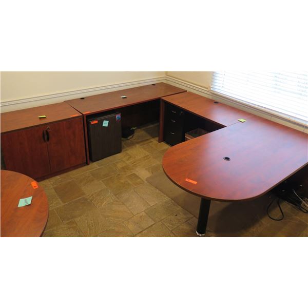 Wooden "U" Shaped Desk w/ Multiple Drawers & 2 Door Cabinet 72"x72"x24"W
