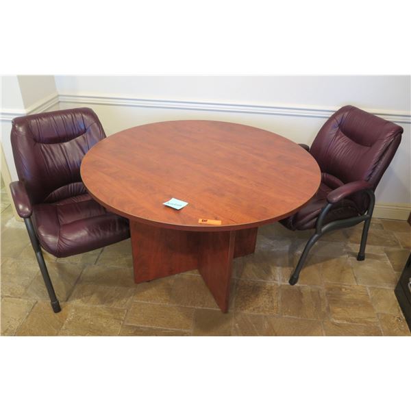 Round Wooden Table 47" Diameter w/ 2 Upholstered Armchairs