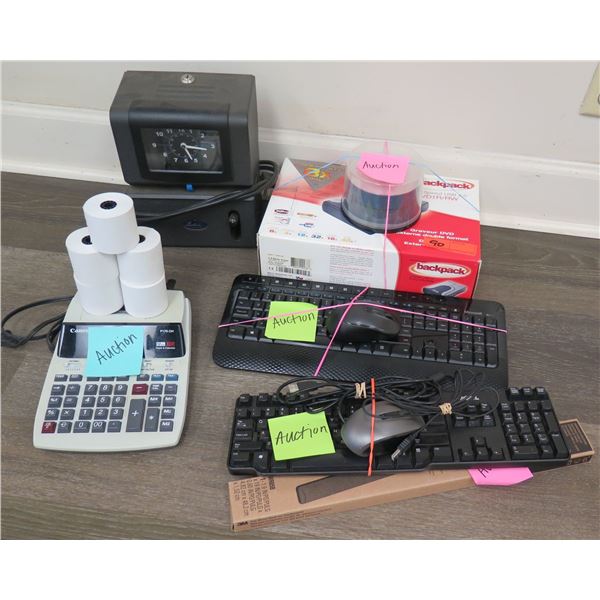 Misc Office Supplies: Time Clock, Calculator w/ Rolls,  Keyboards, CDs, etc