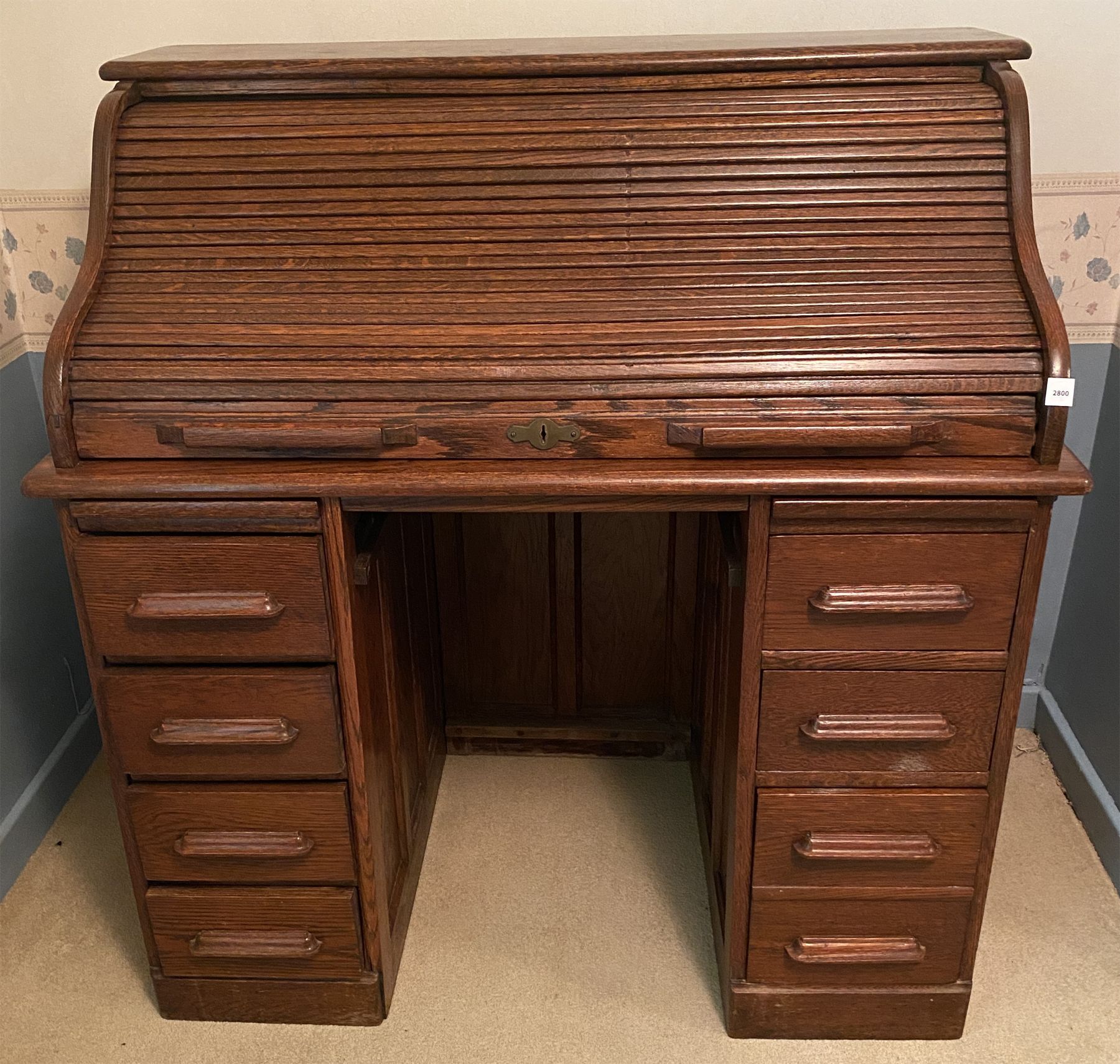1800's S STYLE ROLLTOP DESK W/ PIGEON HOLES & DRAWERS