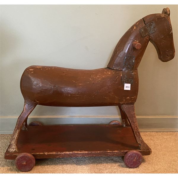 ANTIQUE CARVED CHILD'S TOY HORSE - WOOD WHEELS - 10 X 23 X 25in