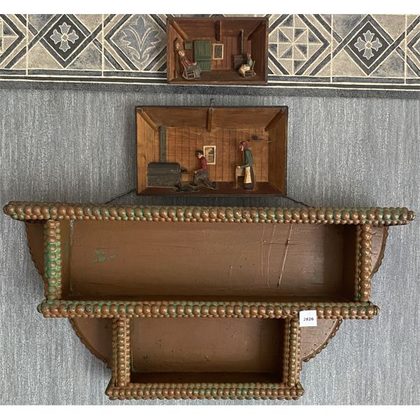 LOT OF 3 - QUEBEC CARVED FOLK ART W/ DISPLAY SHELF - CIRCA 1930