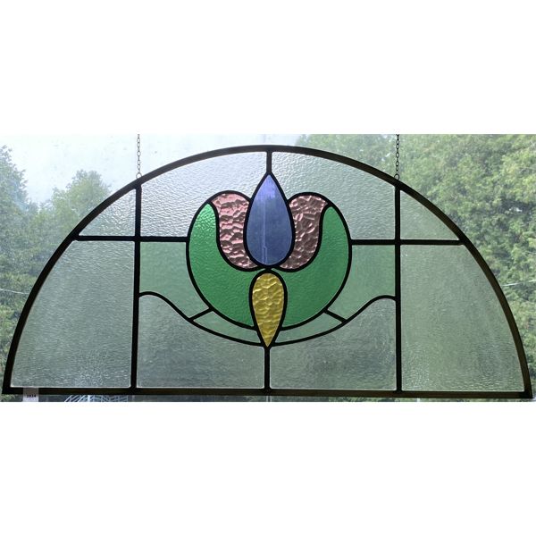 STAINGLASS HANGING - 1/2 MOON SHAPE W/ GREEN TINT - 17 X 34.5 INCHES