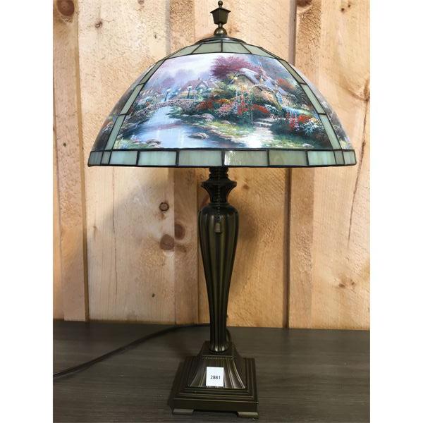 ANTIQUE STAINED GLASS LAMP - COUNTRY SCENE - W/ 2 LIGHT BULBS - 23 INCH H