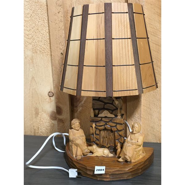 HAND CARVED WOODEN TABLE LAMP - 17in TALL