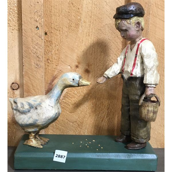 WOODEN CARVED "BOY FEEDING GOOSE" - SIGNED HODSON