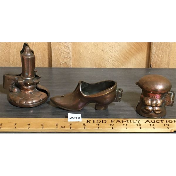 LOT OF 3 - COPPER MOLDS - CANDLESTICK, SHOE AND OTHER