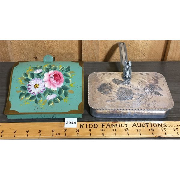 LOT OF 2 - SILVER PLATE AND PAINTED TIN CRUMB CATCHERS