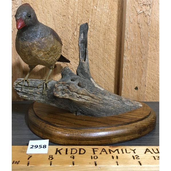 WOOD CARVED FEMALE FALL CARDINAL - AL HAMPSON - BARRIE ON