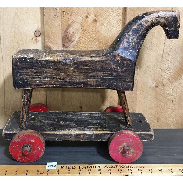 PRIMITIVE WOODEN HORSE PULL TOY - 7.5 x 16 x 17in