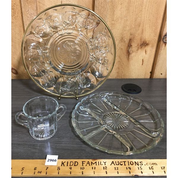 LOT OF 3 - GLASSWARE SERVING PLATES AND CUP