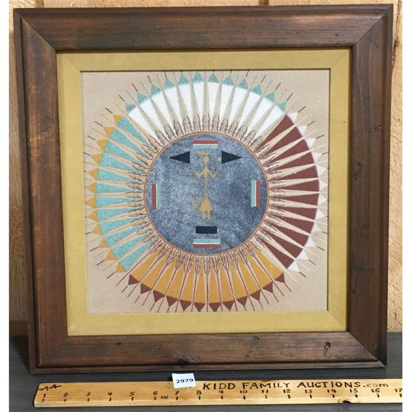 UNSIGNED SOUTHWEST NATIVE SAND PAINTING ON BOARD - 17 x 17in
