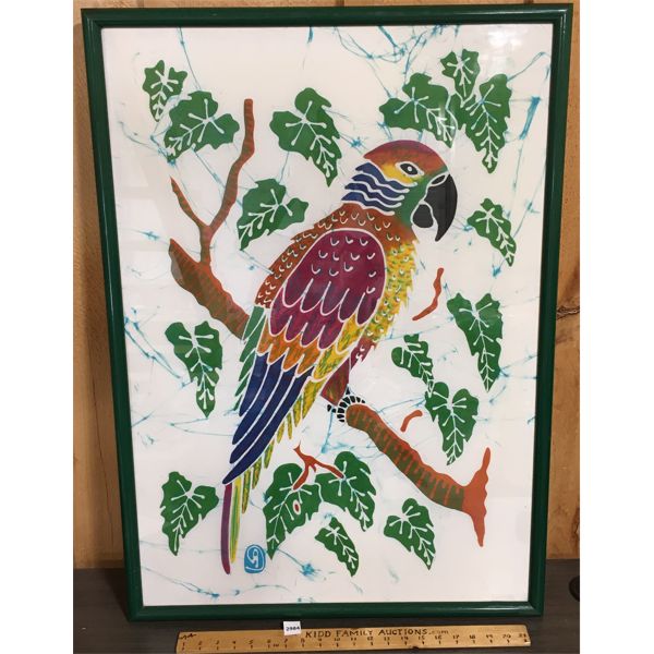FRAMED THICK BILLED PARROT ARTWORK ON LINEN - 25  x 35.5in