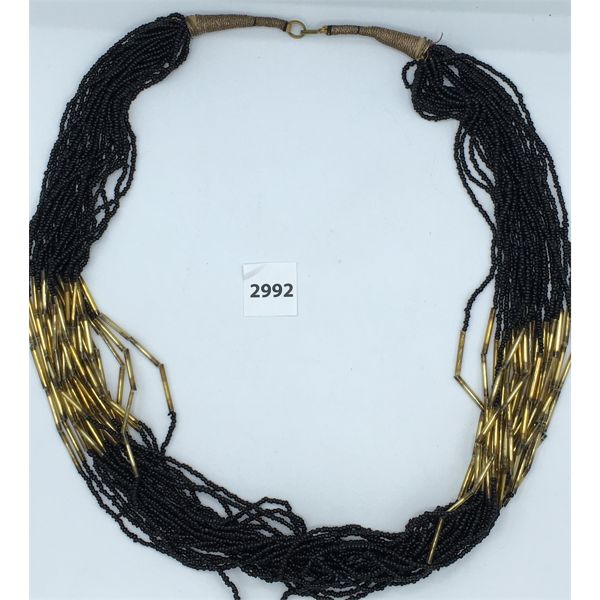 BLACK BEADED NECKLACE W/ GOLD TONE ACCENTS