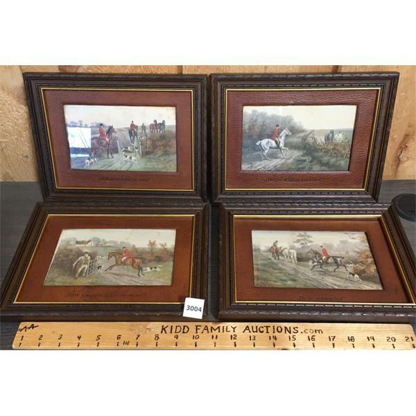 LOT OF 4 - HUNTING PRINTS IN LEATHER - MIXED MEDIA