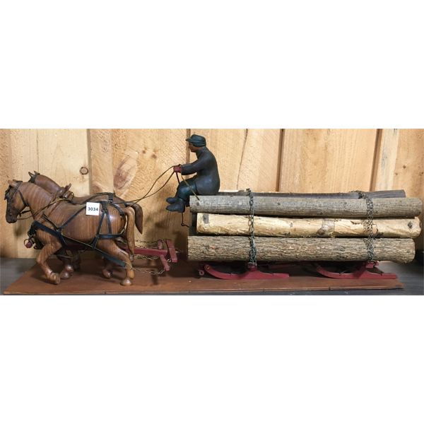 FOLK ART WOOD SCULPTURE "BRINGING HOME A LOAD OF LOGS" - HAROLD LEE (1898-1984)