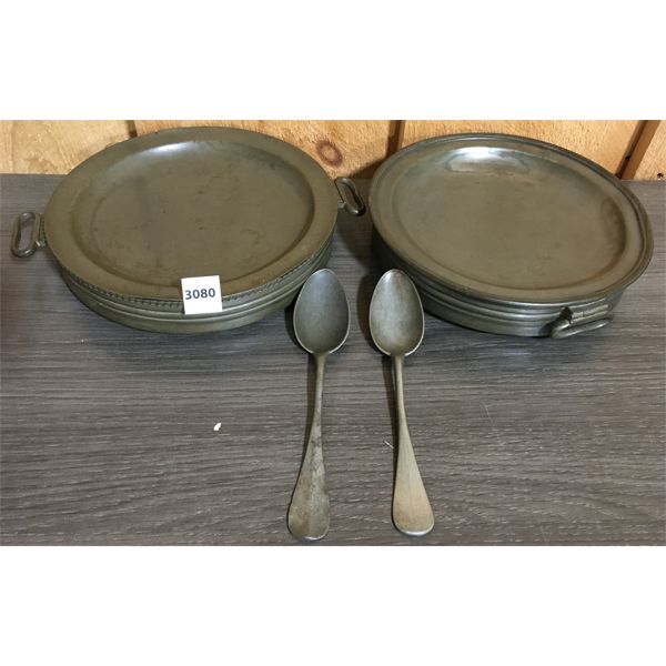 LOT OF 4 - PEWTER COVERED DISHES AND SPOONS