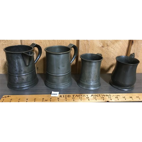 LOT OF 4 - PEWTER TANKARDS & 1860's IRISH BALUSTER GILL MEASURE