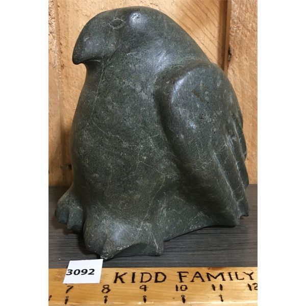 LARGE OWL SIGNED SOAPSTONE CARVING - 5.5 x 7 x 8inx