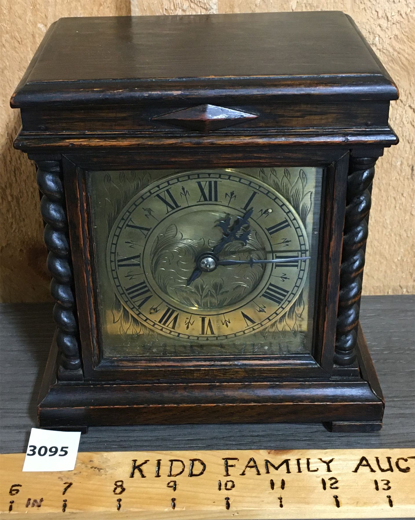 ANTIQUE BRASS FACE SHELF CLOCK W/ BARLEY TWIST COLUMNS
