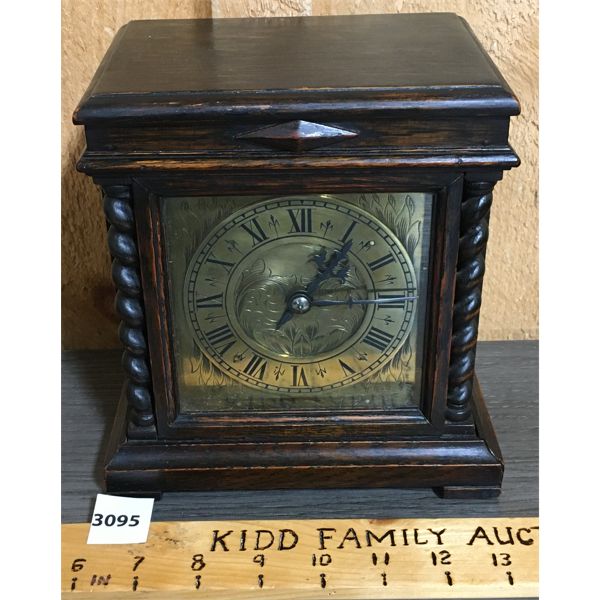 ANTIQUE BRASS FACE SHELF CLOCK W/ BARLEY TWIST COLUMNS 