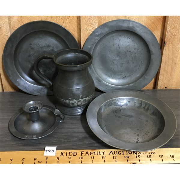 LOT OF 5 - PEWTER PIECES - 1700's PLATE, BOWLS, CANDLESTICK AND TANKARD
