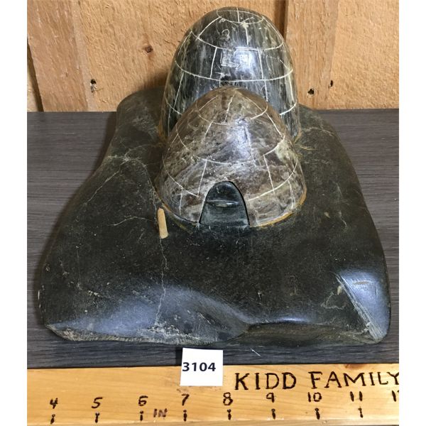 UNSIGNED SOAPSTONE DOUBLE IGLOO CARVING ON BASE - 6 x 9.5 x 11.5in