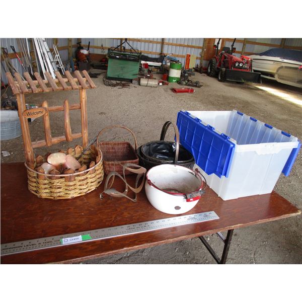 Tote with misc - enamel pot, baskets, etc