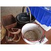 Image 3 : Tote with misc - enamel pot, baskets, etc