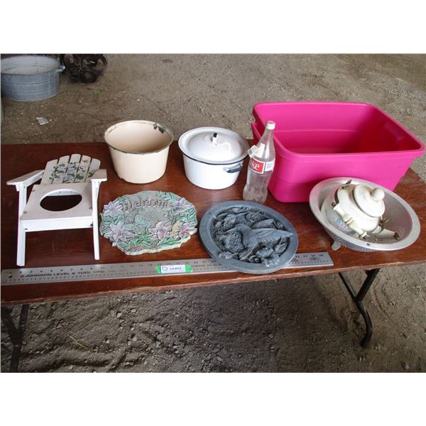 Basket with step stones, small chair, bottle, enamel pot, kettle