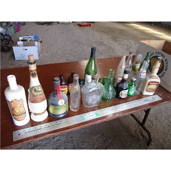 Pop bottles, currie + hassett Saskatoon, misc whiskey bottles
