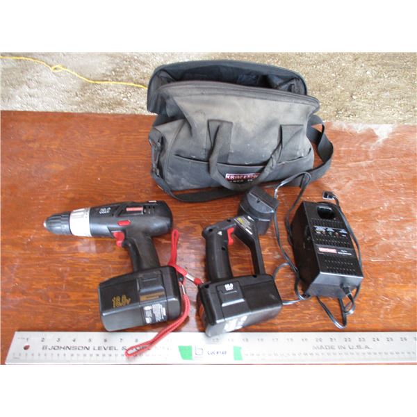 18V Craftsman drill, flashlight, charger, bag