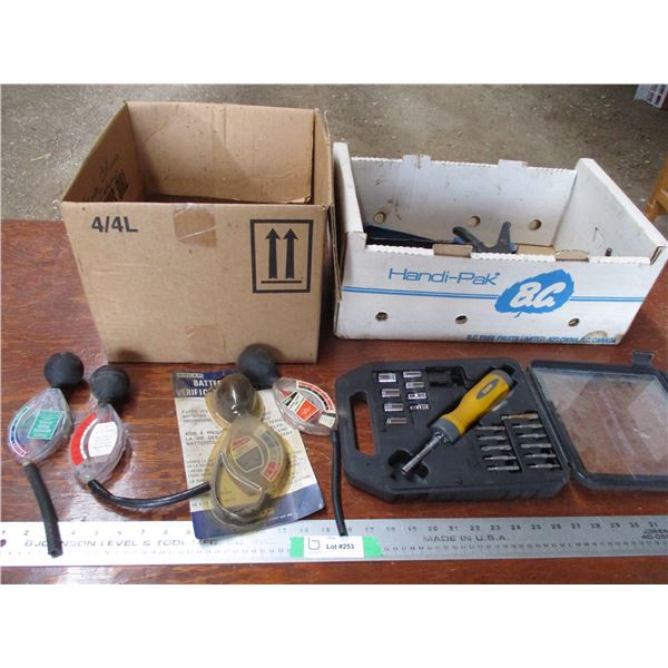 Coolant testers, socket set, caulk guns