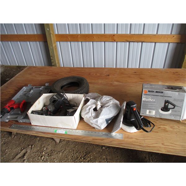 19.2 cordless drill, handy buffer, utility tire, misc