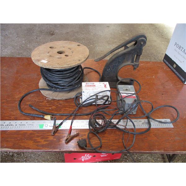 (2) battery chargers, spool of wire, riveter