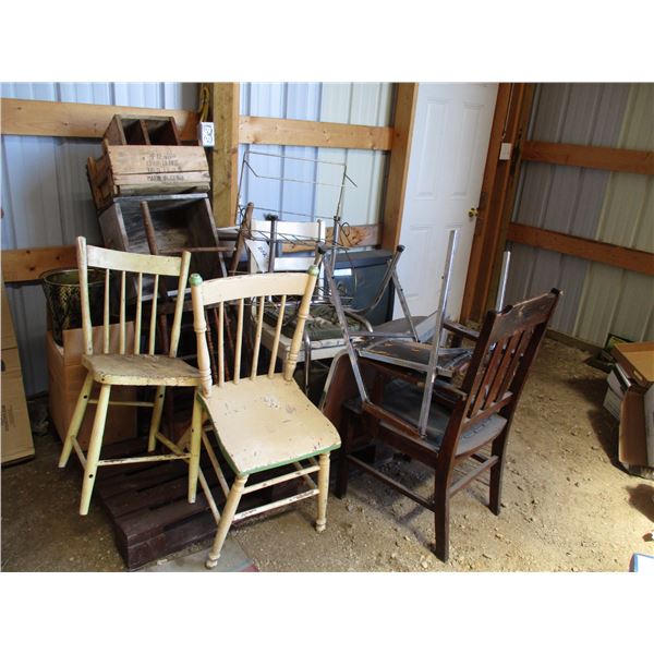 (7) wooden chairs, boxes, TV, rack, etc (entire pallet)