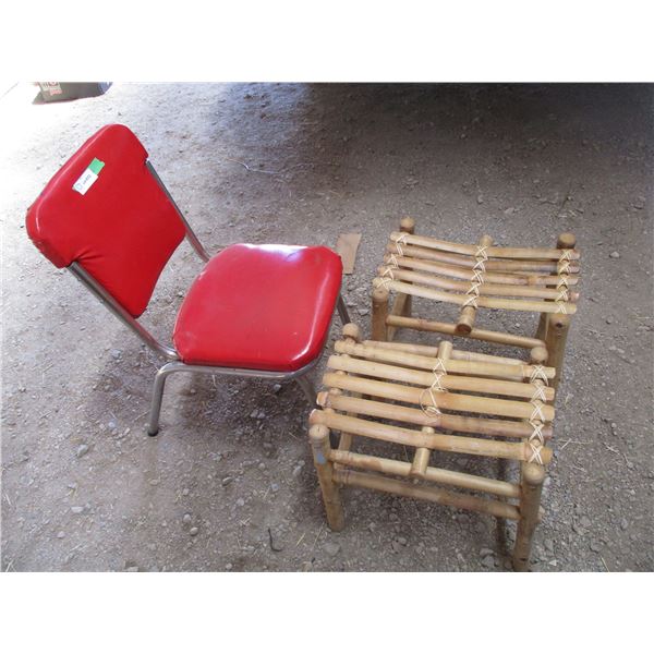 Red chair + (2) bamboo stools/chairs