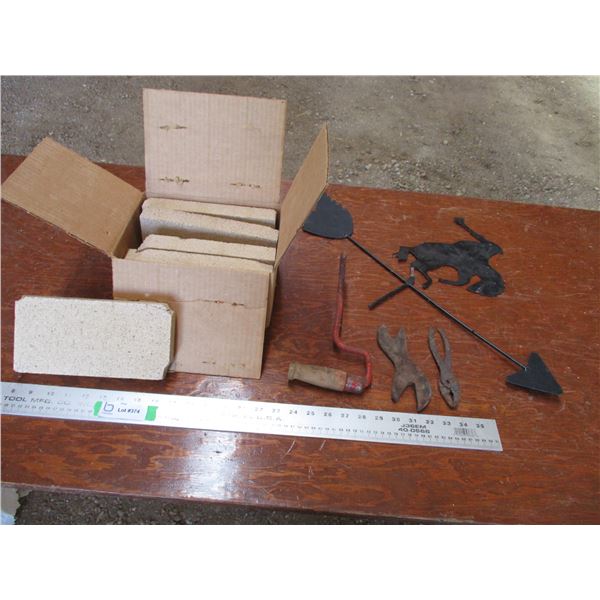 Weather spinner, bale hook, tools, bricks