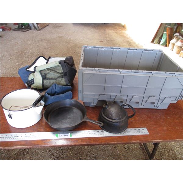 Cast iron pan, pots, enamel, misc with tote