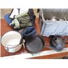 Image 2 : Cast iron pan, pots, enamel, misc with tote
