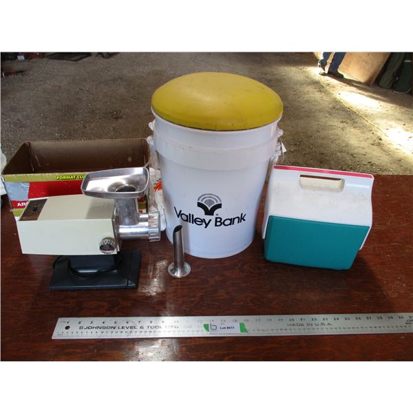 Meat grinder, sitting pail, cooler
