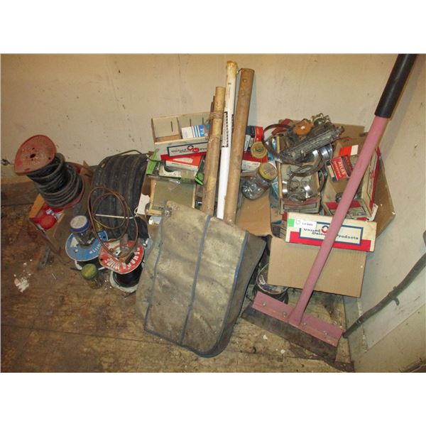 black hose, hose clamp, grease tubes, floor scraper, all contents