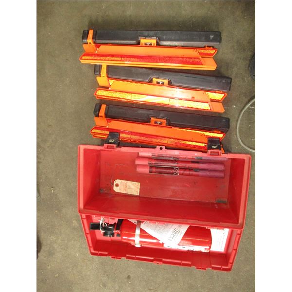 extinguisher with road flares and case