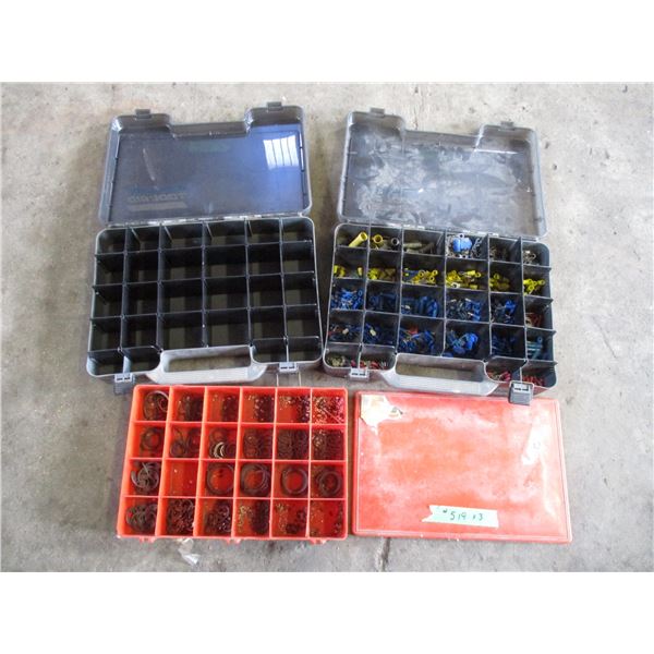 (3) bins with contents - snap rings, electric ends, connectors