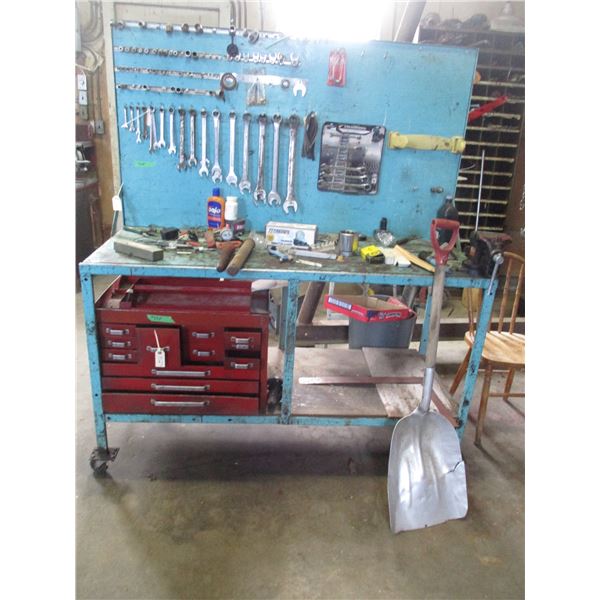 Workbench with contents - wrenches, vise, etc (red toolbox not included)